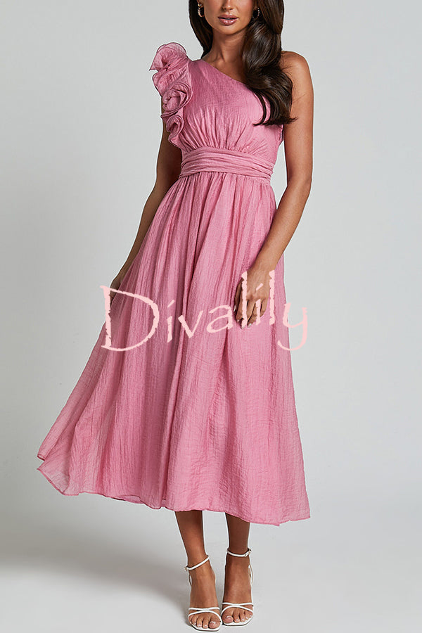 Romantic Seaside One Shoulder Frill Detail Sleeve Layered Midi Dress