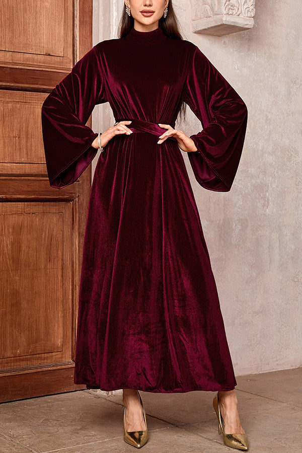Solid Color Velvet Bell Sleeves Tie Waist Elegant Maxi Dress
