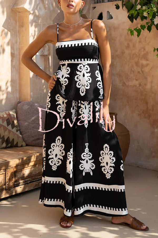 Unique Ethnic Print Suspender Pleated Top and Elastic Waist Loose Wide-leg Pants Set