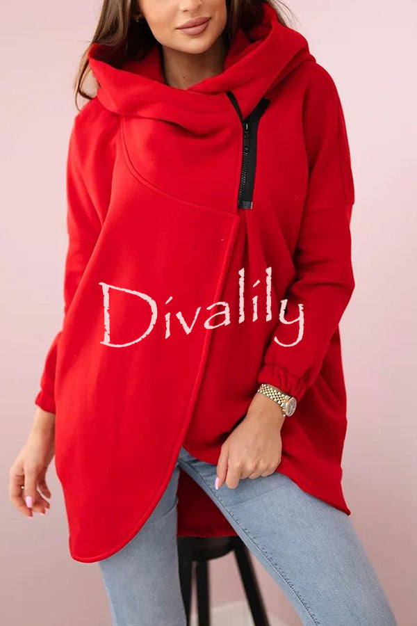 Solid Color Loose Hooded Zip-up Casual Sports Jacket