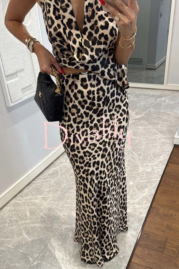 Wild Sexy Leopard Print Halter Cowl Neck Top and Elastic Waist Flare Maxi Skirt Set