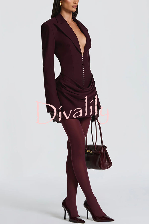 Solid Color Slim-fit V-neck Elegant Draped Formal Mini Dress