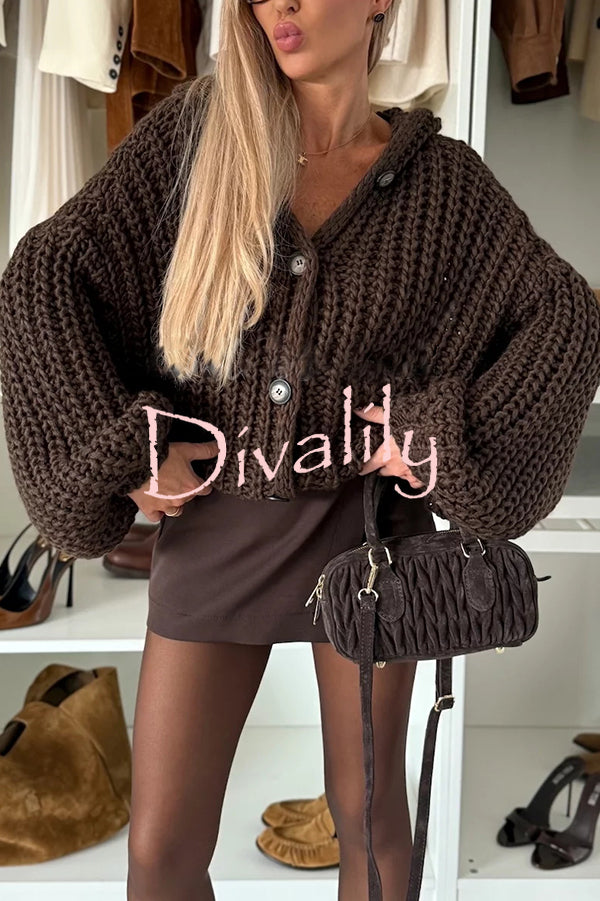 Warm Day Knit Button Up Long Balloon Sleeve Hooded Loose Cardigan