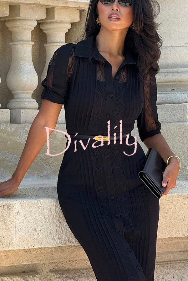 Lysette Lace Trim Pleated Button Up Short Sleeve Shirt Midi Dress