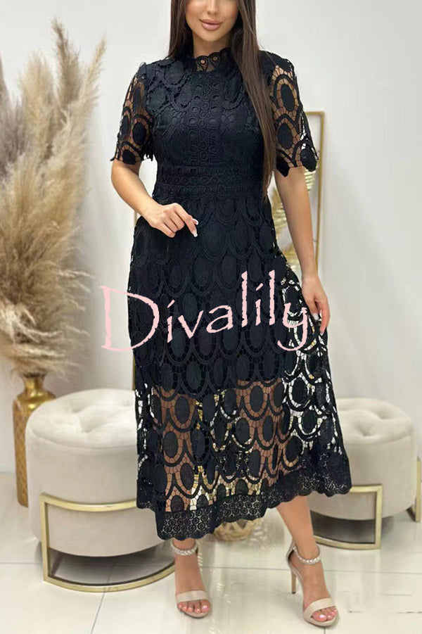 Elegant Crocheted Cutout Lace Short-sleeved Stand-collar Midi Dress