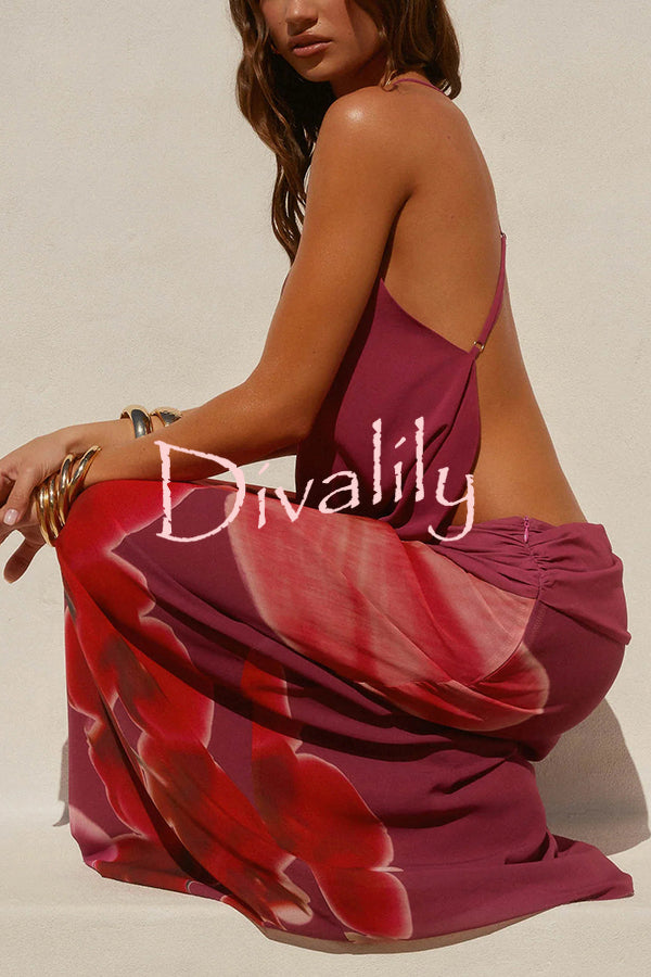 Sexy Deep V Backless Draped Camisole Top and Floral Print Chiffon Maxi Skirt Set
