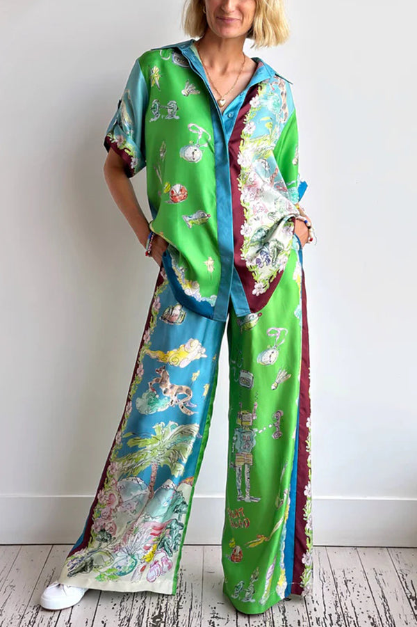 Unique Printed Lapel Short-sleeved Loose Shirt and Elastic Waist Tie Wide-leg Pants Set