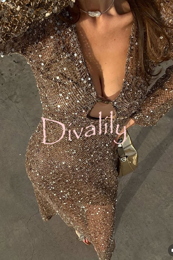 Fashion Sequined Hollow V-neck Long-sleeved Holiday Midi Dress
