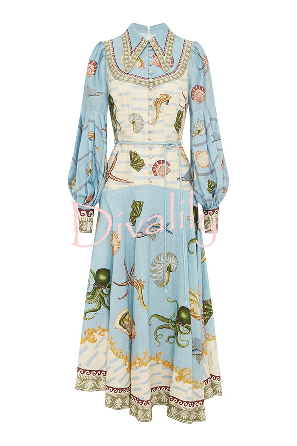 Ocean Print Lapel Button Waist Tie Resort Maxi Dress