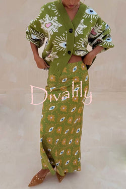 Mysterious Magic Satin Eye Heart Pattern Elastic Waist Drape Maxi Skirt