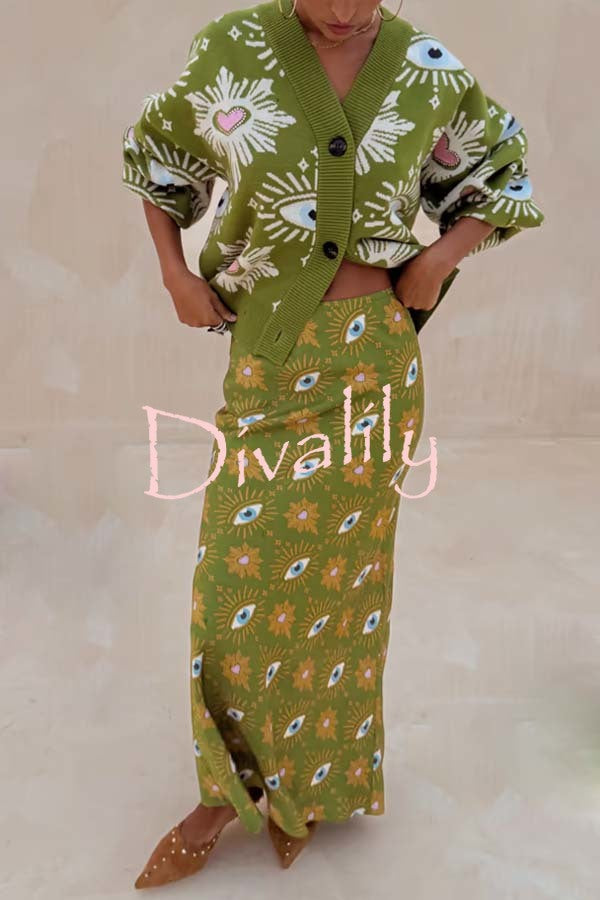 Mysterious Magic Satin Eye Heart Pattern Elastic Waist Drape Maxi Skirt
