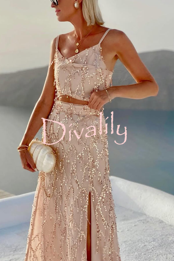 Evening Sky Tassel Sequin Cross Tank and High Rise Slit Maxi Skirt Set