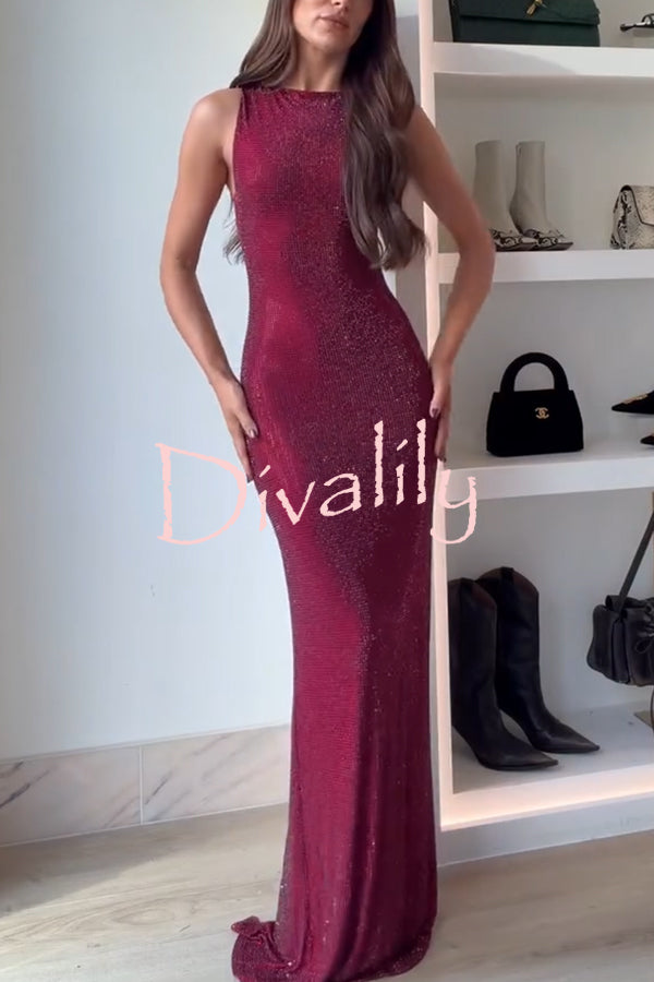 Holiday Nights Sequin Boat Neck Sleeveless Slit Maxi Dress