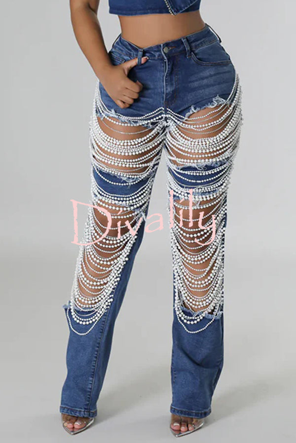 Stylish Multi-layered Pearl Chain Ripped Pocket Straight Jeans