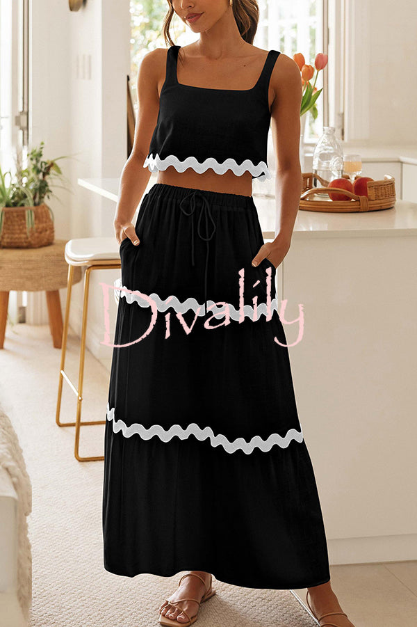 Napa Ric Rac Trims Sleeveless Crop Tank and Drawstring Elastic Waist Pocket Maxi Skirt