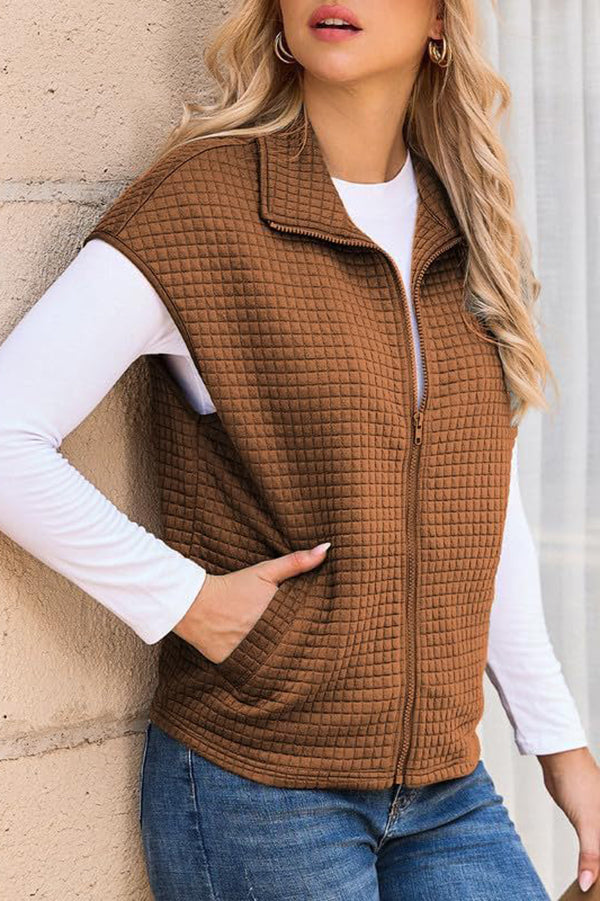 Solid Waffle Sleeveless Zipper Pocket Casual Vest