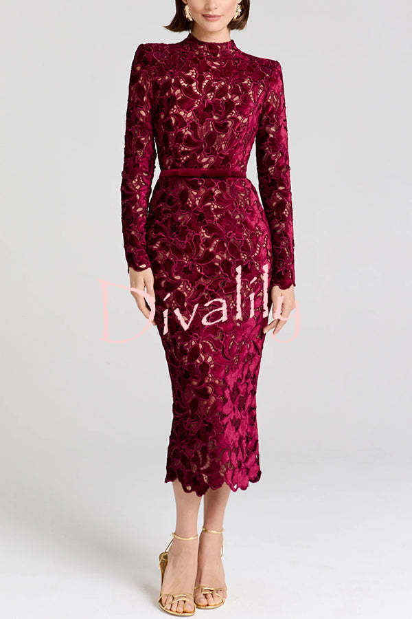 Diane Velvet Embroidered Floral Lace Long Sleeve Belt Scallop Edge Midi Dress