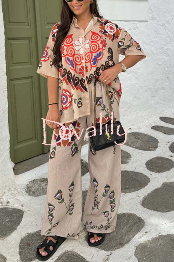 Fiji Ethnic Unique Printed Casual Shirt and Elastic Waist Wide Leg Pants Set