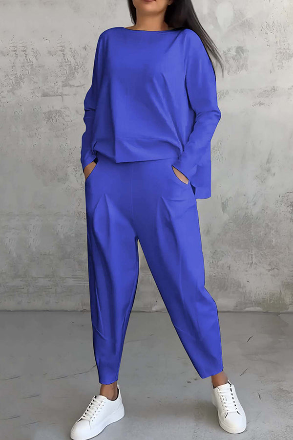 Solid Color Crew Neck Long-sleeved Irregular Loose Top and Elastic Waist Pocket Casual Pants Set