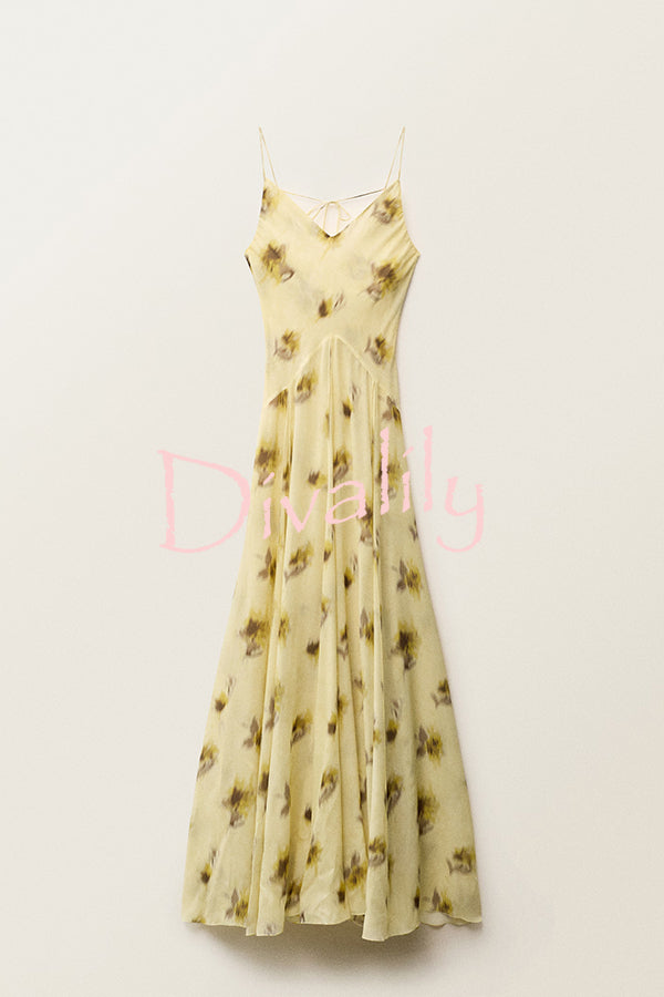 Sunset Glow Floral Print V-neck Thin Straps Flare Hem Maxi Dress