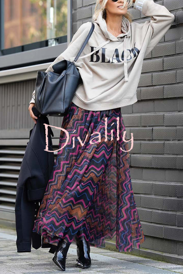 Unique Printed Large Hem Loose Mesh Maxi Skirt