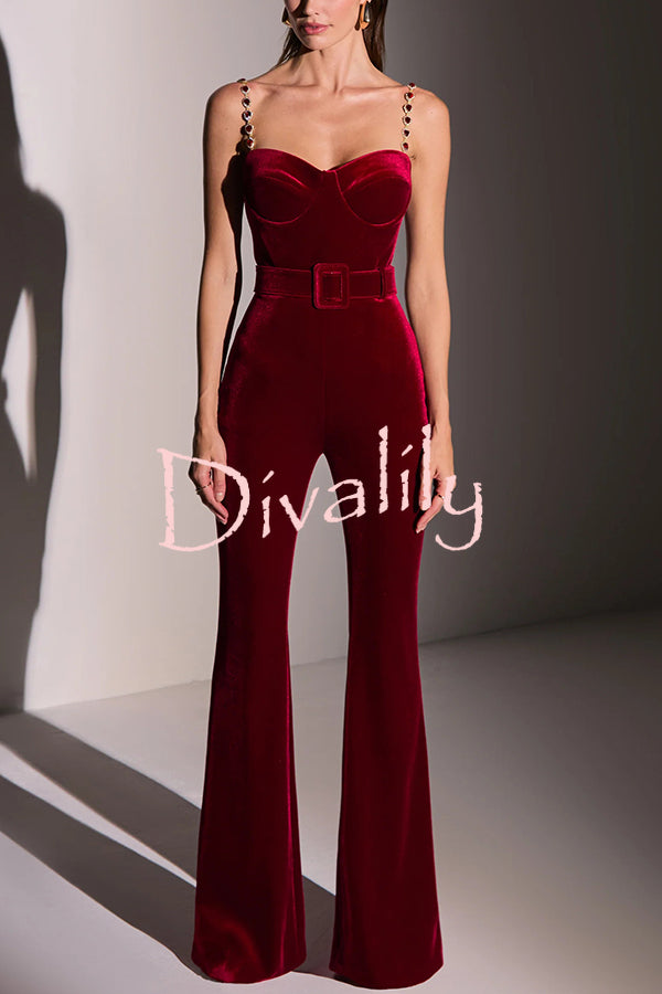 Eliza Luxurious Velvet Fabric Jewel-embellished Shoulder Straps Belted Flare Jumpsuit