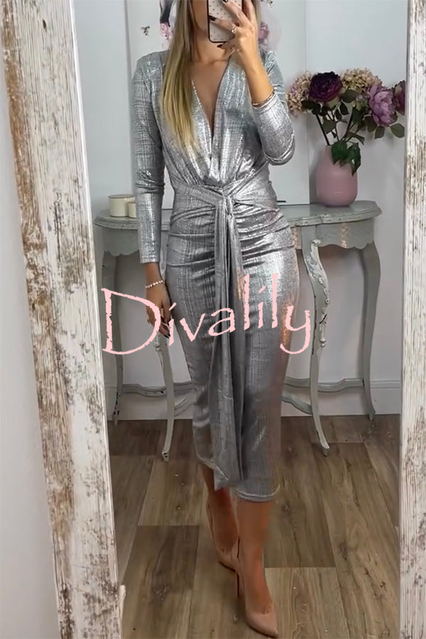 Shiny Lady Metallic Fabric Padded Long Sleeve Tie-up Ruched Midi Dress