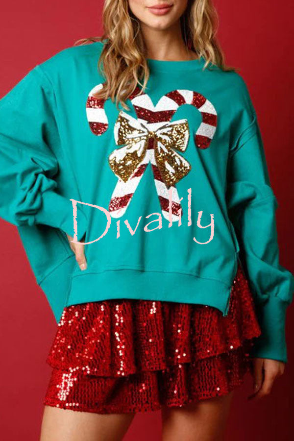 Candy Cane Lane Sequined Pullover Long Sleeved Sweatshirt