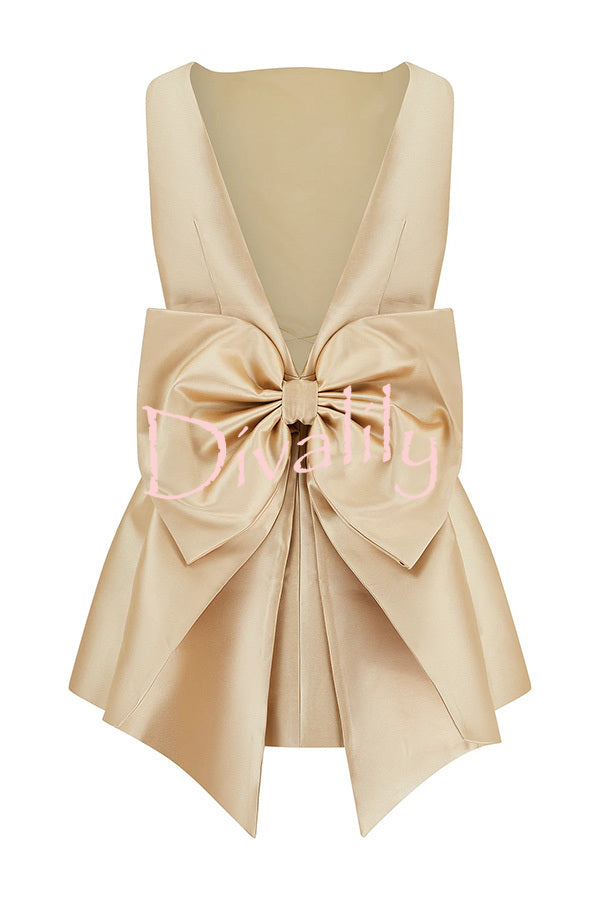 Ultimate Muse Satin Oversized Bow Detail Square Neck Mini Dress