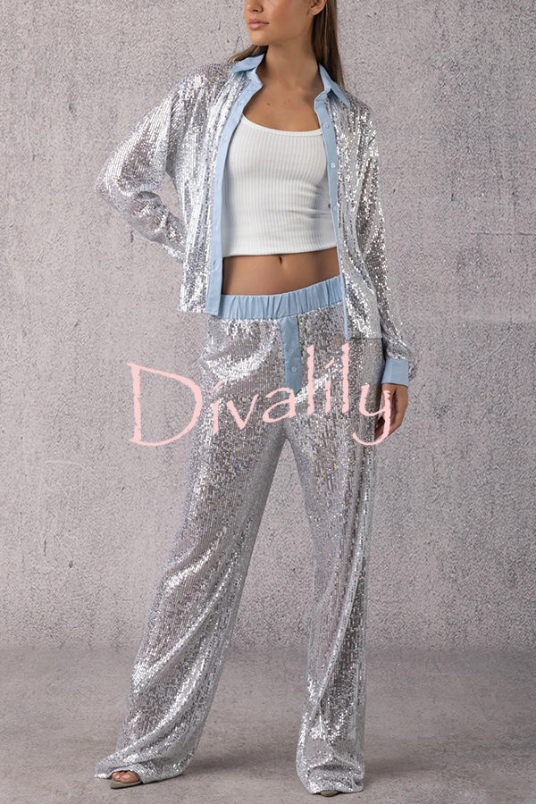 Fashion Sequined Loose Long-sleeved Shirt and Casual Elastic Waist Wide-leg Pants Set