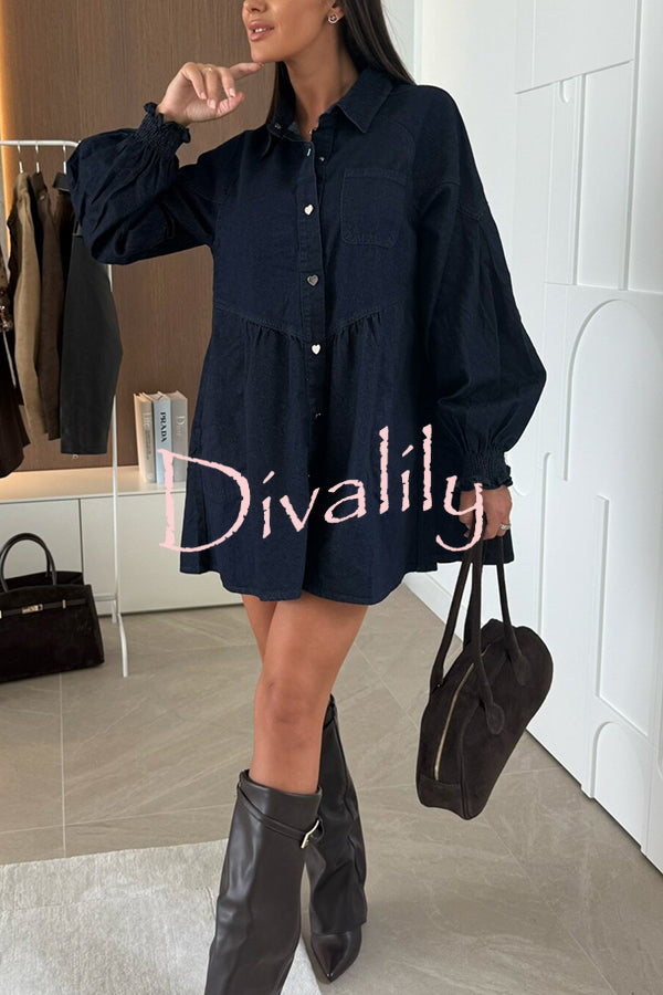 Fashion Heart Button Long Sleeve Casual Pocket Denim Mini Dress