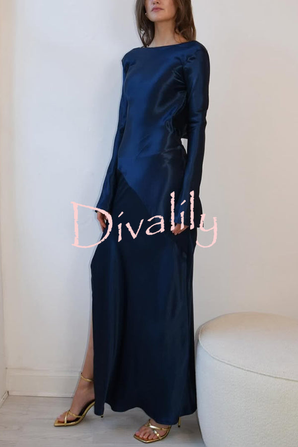Satin Elegant Long-sleeved Open-back Slim-fit Slit Maxi Dress