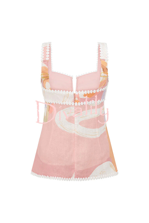 European Summer Linen Blend Ric Rac Trims Unique Print Button Tank