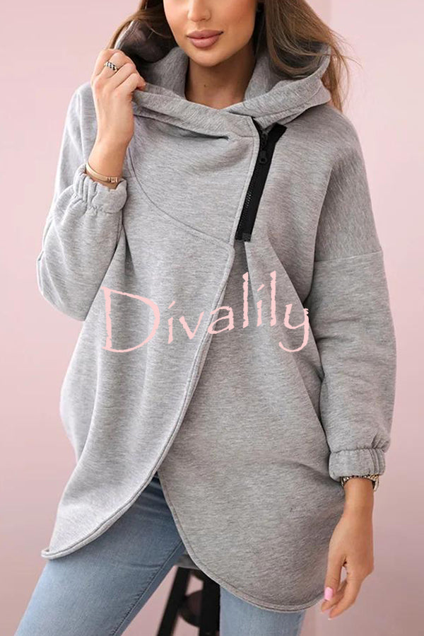 Solid Color Loose Hooded Zip-up Casual Sports Jacket