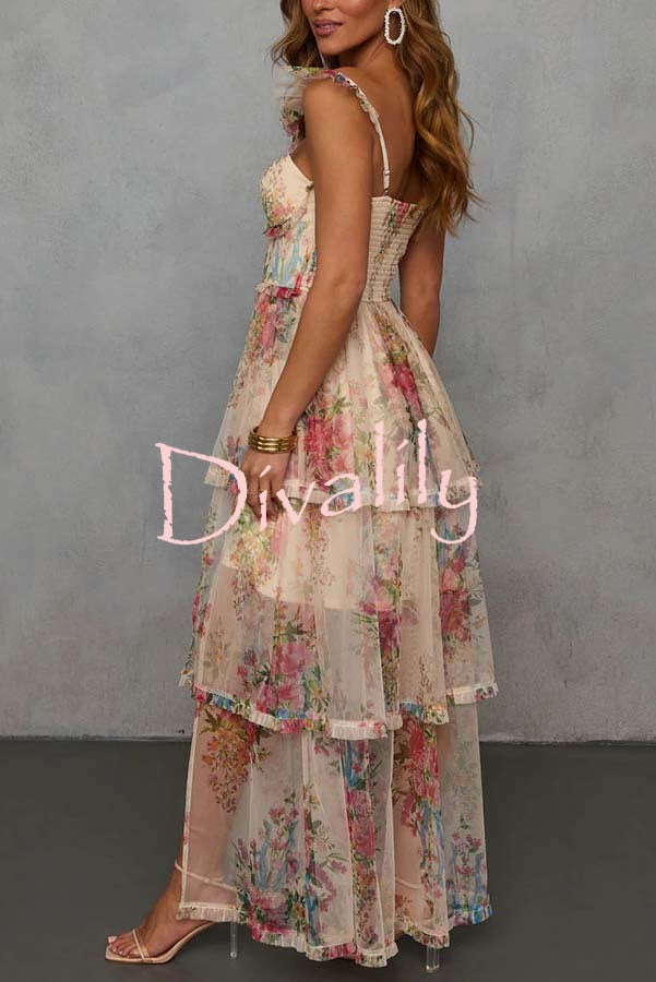 Romantic and Elegant Mesh Floral Back Smocked Tiered Ruffle Maxi Dress
