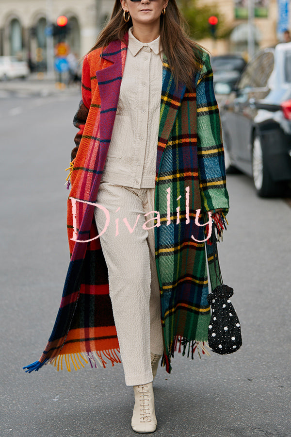 Fashionable Color-block Plaid Print Lapel Long-sleeved Casual Long Coat