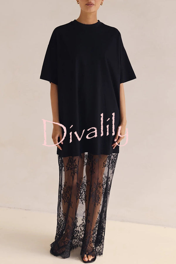 Ophelia Short Sleeve Sheer Floral Lace Hem Oversized T-shirt Maxi Dress
