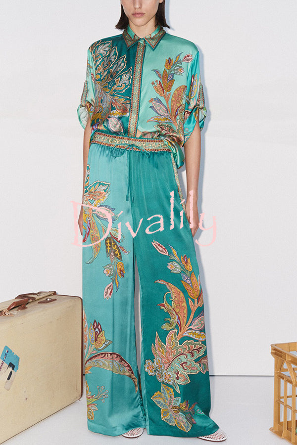 Somewhere Sunny Satin Botanical Print Elastic Waist Pocket Wide Leg Pants