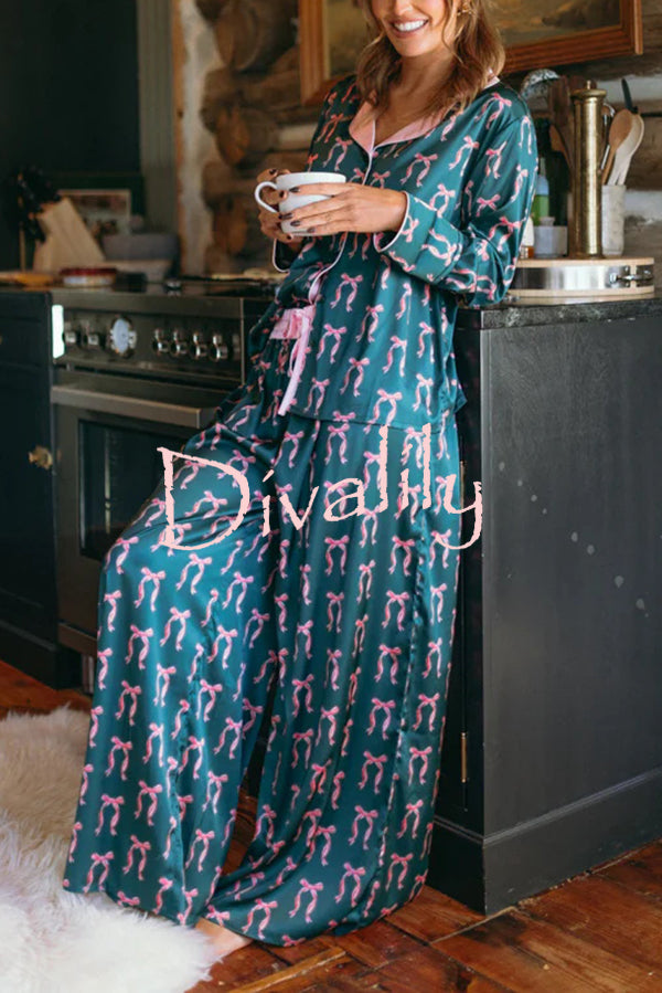 Satin Bow Print Long sleeve Loose Shirt and Elastic Waist Tie Loose Pants Set