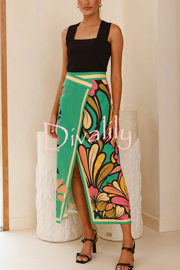 Plant Print Sexy Slit Casual Holiday Midi Skirt