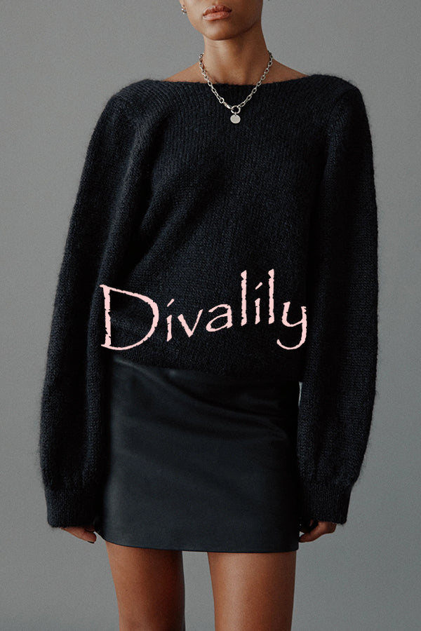 Chunky Season Knit Mohair-blend Long Sleeve Open Back Knot Design Loose Sweater