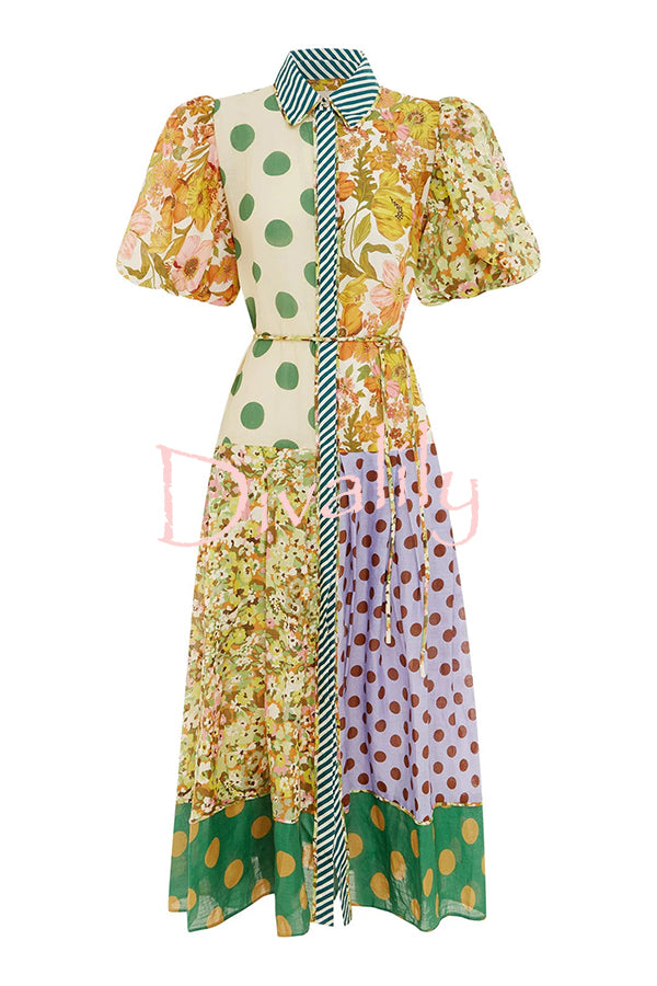 Linen Blend Unique Print Lapel Puff Sleeve Casual Midi Dress