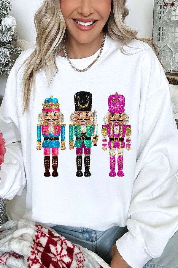 Christmas Soldier Sequin Loose Crew Neck Long Sleeve Sweatshirt