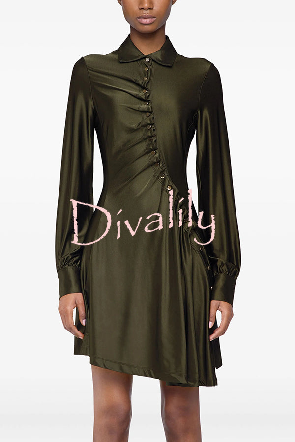 Marvis Button-embellished Long Sleeve Asymmetrical Drape Shirt Midi Dress