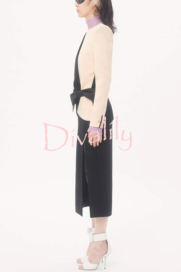Love Unfolded Contrast Color Side Bow Tie-up Long Sleeve Slit Midi Dress