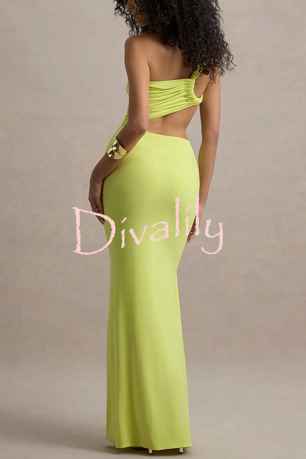 Sexy One-shoulder Backless Ribbon Pleated Slim Maxi Dress