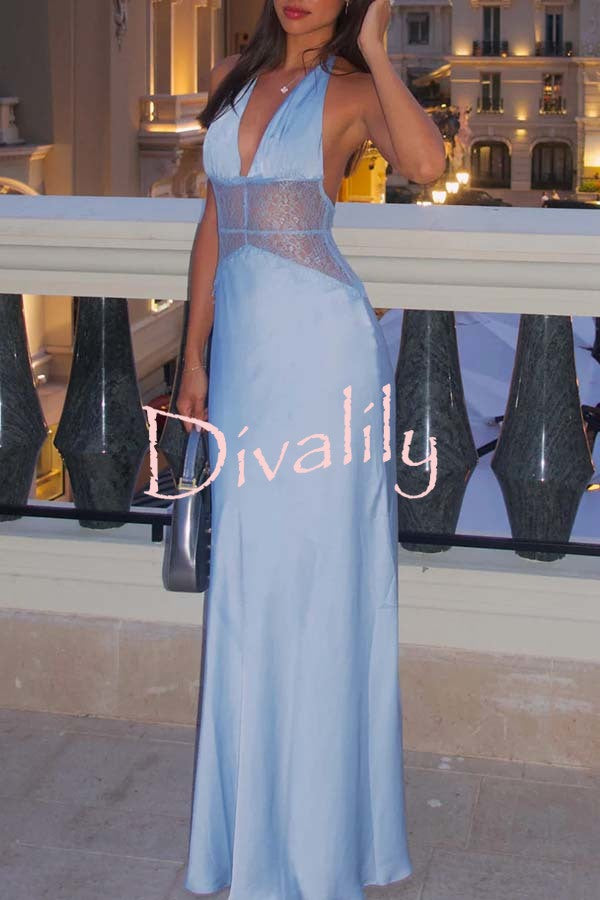 Seductive Details Satin Lace Waist Halter Tie-up Backless Maxi Dress