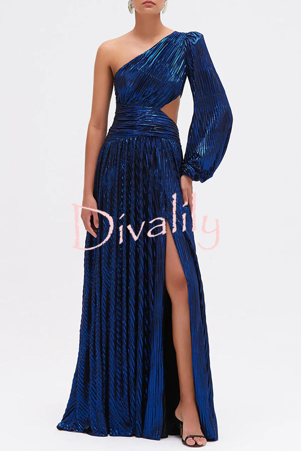 Dazzling Night Metallic Pleated One Shoulder Cutout Balloon Sleeve Gown Maxi Dress