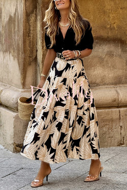 Resort Style Botanical Print Elastic Waist Loose Stitching Midi Skirt