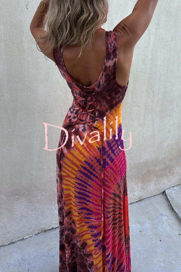 Boho Happiness Tie-dye Print Back Lace-up Stretch Maxi Dress